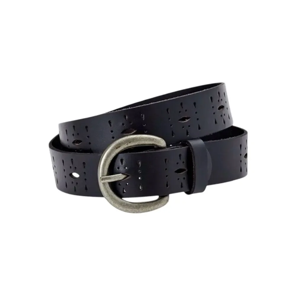 Womens Black Genuine Leather Belt Perforated Brushed Metal Buckle Boho Western L